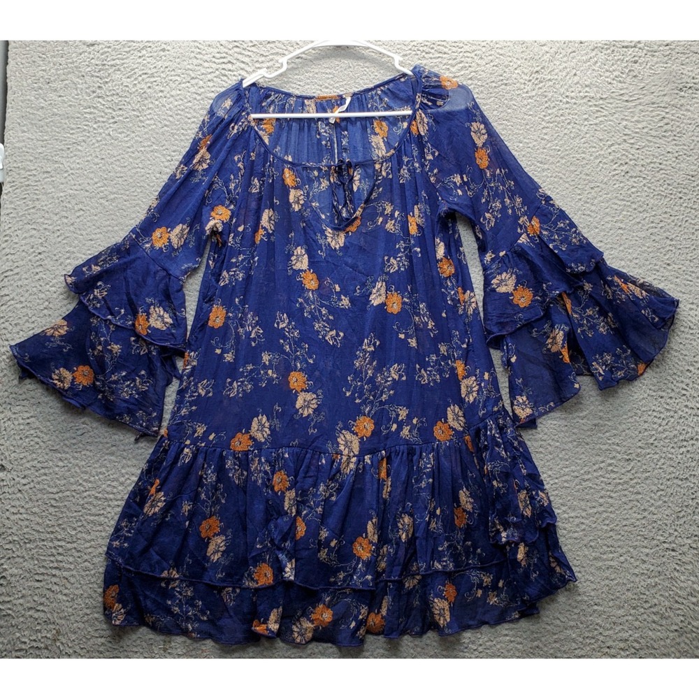 Free People Tiered Mini Dress Womens XS Multi Floral Ruffle Bell Sleeve Tie Neck